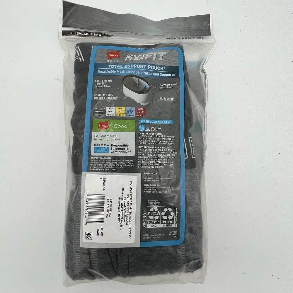 Hanes Men 4 Pack Total Support Pouch Boxer Brief Underwear Small Black Grey Blue